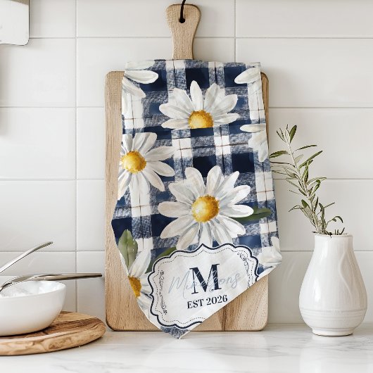 Benutzerdefiniertes Navy-Gingham-Daisy-Monogramm Geschirrtuch