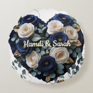 Benutzerdefiniertes Navy-Gold-Blumenmonogramm-Rund Rundes Kissen