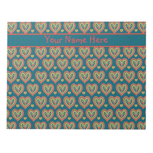 Benutzerdefiniertes Notepad, rot, grüne Herzen auf Notizblock (Vorderseite)