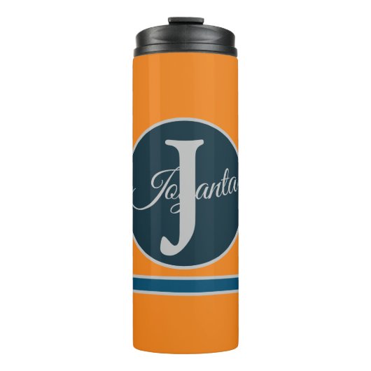 Benutzerdefiniertes orange graues blaues Monogramm Thermosbecher (Vorderseite)