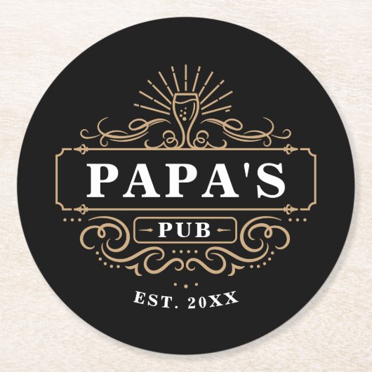 Benutzerdefiniertes Papa's Pub Zuhause Bar Year et Runder Pappuntersetzer (Vorderseite)