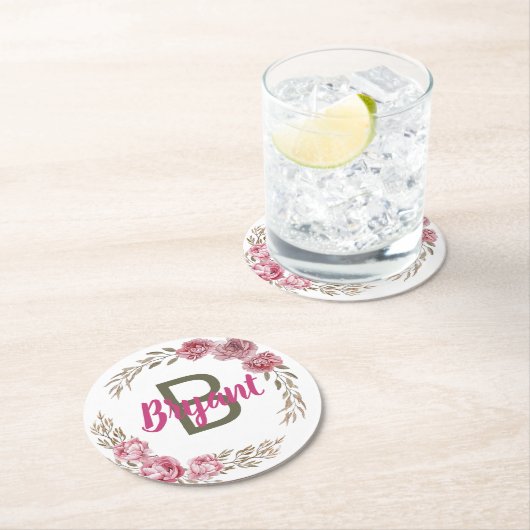 Benutzerdefiniertes Pink.Rose Monogram-Design Runder Pappuntersetzer (Vor Ort)