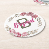Benutzerdefiniertes Pink.Rose Monogram-Design Runder Pappuntersetzer (Angewinkelt)
