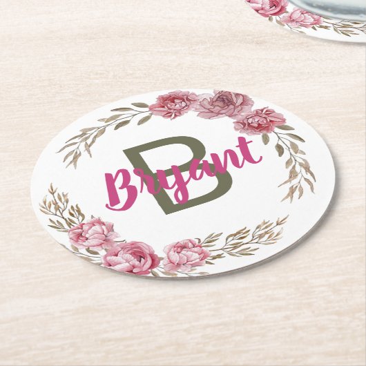 Benutzerdefiniertes Pink.Rose Monogram-Design Runder Pappuntersetzer (Angewinkelt)