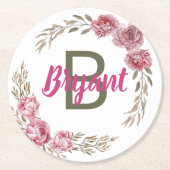 Benutzerdefiniertes Pink.Rose Monogram-Design Runder Pappuntersetzer (Vorderseite)