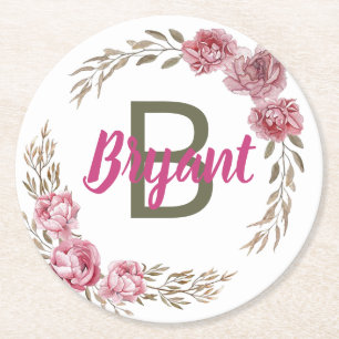 Benutzerdefiniertes Pink.Rose Monogramm-Design Runder Pappuntersetzer