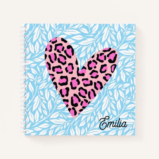 Benutzerdefiniertes Pinky Leopard Herz Blau Chic v Notizblock (Vorderseite)