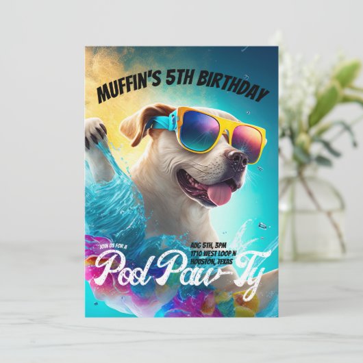 Benutzerdefiniertes Pool Paw-Ty-Dog-Party Einladung (Stehend Vorderseite)
