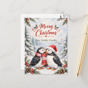 Benutzerdefiniertes Puffin-Paar Weihnachten Famili Postkarte