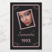 Benutzerdefiniertes rosa Schwarzes Foto Geburtstag Weinetikett (Einzelnes Label)