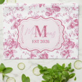 Benutzerdefiniertes rosa Toile-Blumenmonogramm Geschirrtuch (Gefaltet)