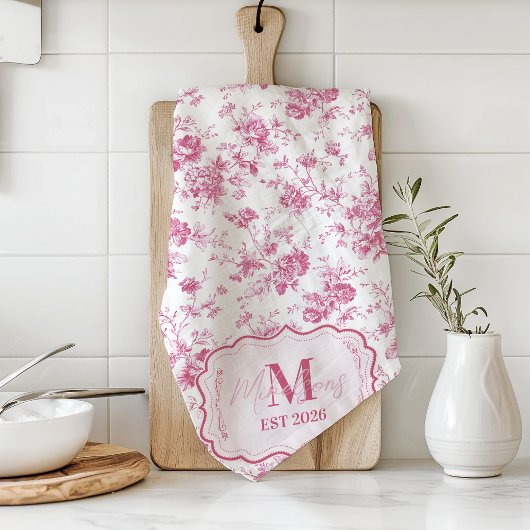 Benutzerdefiniertes rosa Toile-Blumenmonogramm Geschirrtuch