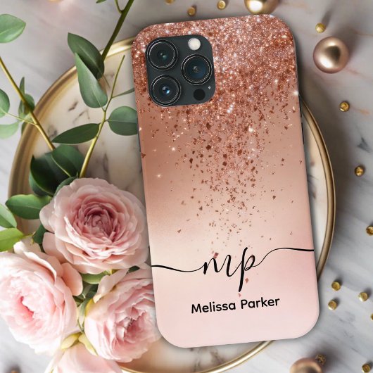 Benutzerdefiniertes Roségold-Glitter-Drip-Monogram Case-Mate iPhone Hülle
