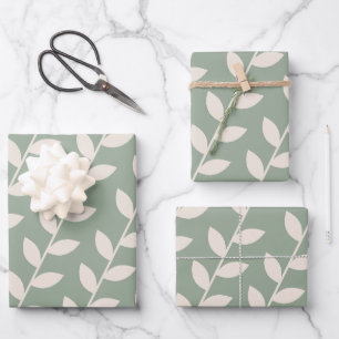 Benutzerdefiniertes Sage Green 70er Retro-Leaf-Mus Geschenkpapier Set