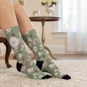 Benutzerdefiniertes Salbeigrün-Wildblumen-Monogram Socken