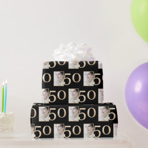 Benutzerdefiniertes Schwarz-Gold-Foto zum 50. Gebu Geschenkpapier