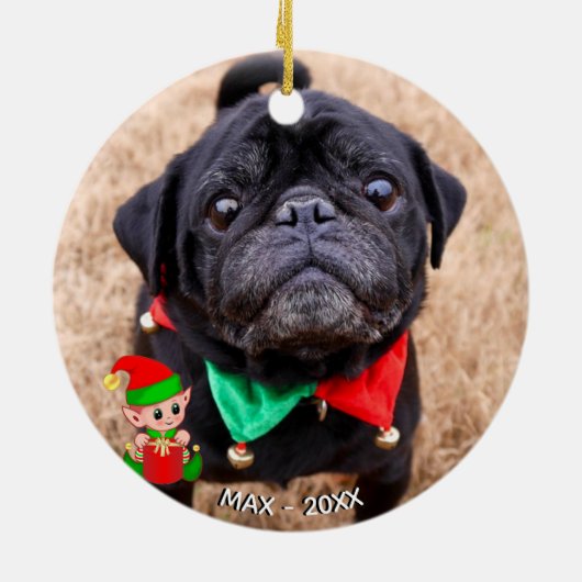 Benutzerdefiniertes Schwarz-Mops-Hund-Foto mit Nie Keramik Ornament (Hinten)