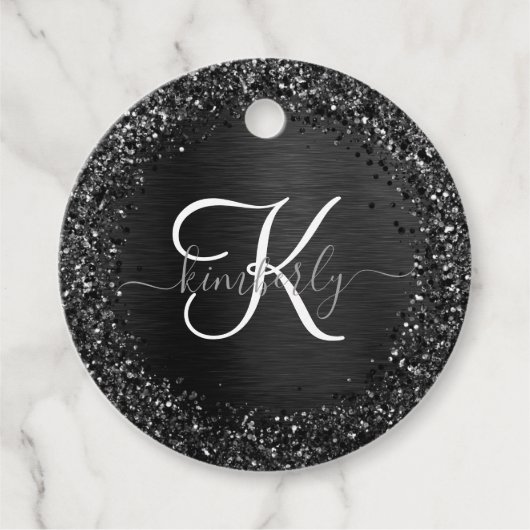 Benutzerdefiniertes Schwarzes Glitzer-Sparkon-Mono Geschenkanhänger (Vorderseite)