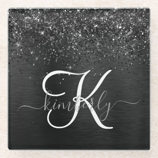 Benutzerdefiniertes Schwarzes Glitzer-Sparkon-Mono Glasuntersetzer (Vorderseite)