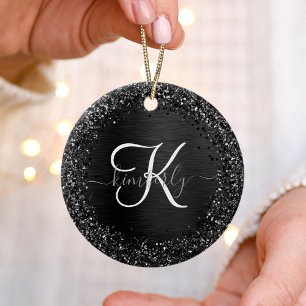 Benutzerdefiniertes Schwarzes Glitzer-Sparkon-Mono Keramik Ornament
