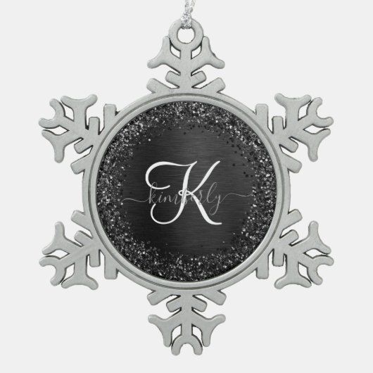 Benutzerdefiniertes Schwarzes Glitzer-Sparkon-Mono Schneeflocken Zinn-Ornament (Vorderseite)