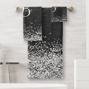 Benutzerdefiniertes Silver Glitzer Black Sparkle M Badhandtuch Set