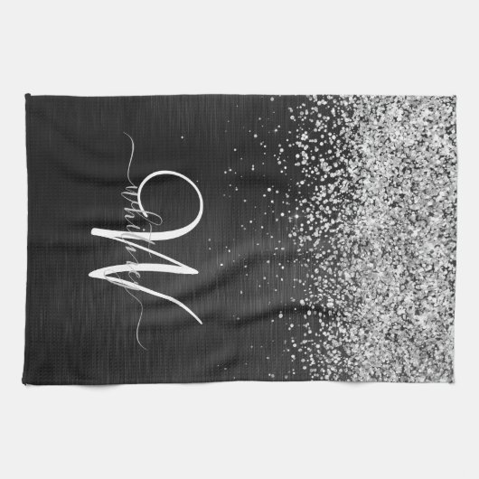 Benutzerdefiniertes Silver Glitzer Black Sparkle M Geschirrtuch (Horizontal)