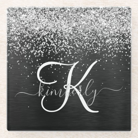 Benutzerdefiniertes Silver Glitzer Black Sparkle M Glasuntersetzer (Vorderseite)