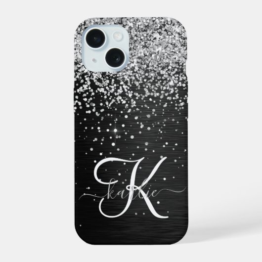 Benutzerdefiniertes Silver Glitzer Black Sparkle M iPhone 15 Hülle (Rückseite)