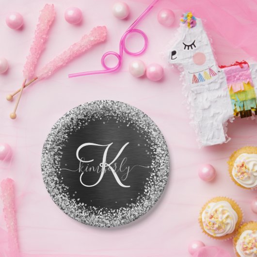 Benutzerdefiniertes Silver Glitzer Black Sparkle M Pappteller (Party)