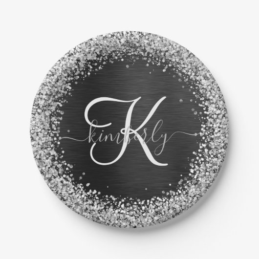 Benutzerdefiniertes Silver Glitzer Black Sparkle M Pappteller (Vorderseite)