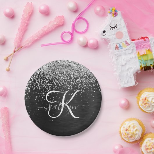 Benutzerdefiniertes Silver Glitzer Black Sparkle M Pappteller (Party)