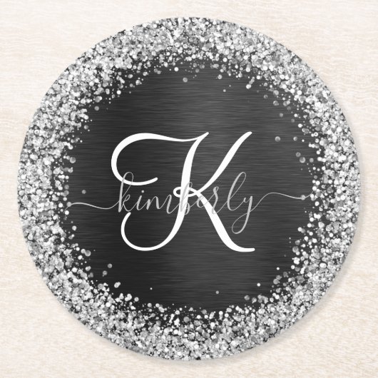 Benutzerdefiniertes Silver Glitzer Black Sparkle M Runder Pappuntersetzer (Vorderseite)