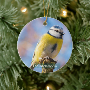 Benutzerdefiniertes süßes blaues gelbes Vogel-Foto Keramik Ornament