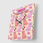 Benutzerdefiniertes süßes Katzenkirsch-Blumenmuste Quadratische Wanduhr (Winkel)