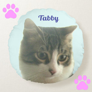 Benutzerdefiniertes Tabby-Katzenfoto auf Hellblau Rundes Kissen