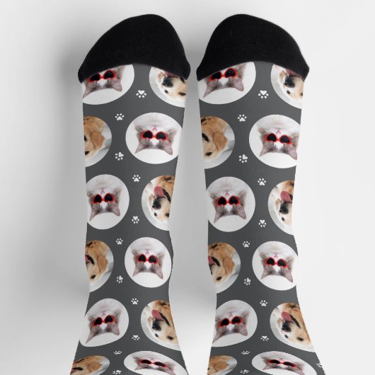 Benutzerdefiniertes Tier 2 Foto Dunkelgraue Paw Pr Socken (Oben)