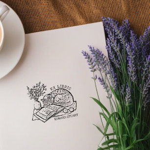 Benutzerdefiniertes Vintages Cat Sleeping-Buchzeic Gummistempel