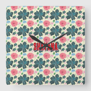 Benutzerdefiniertes Wasserfarben-Blumenmuster-Gesc Quadratische Wanduhr