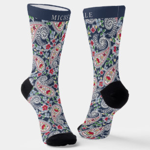 Benutzerdefiniertes Weiß Blau Rot Paisley-Muster Socken
