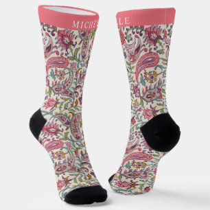 Benutzerdefiniertes Weiß Pink Blau Paisley Muster Socken