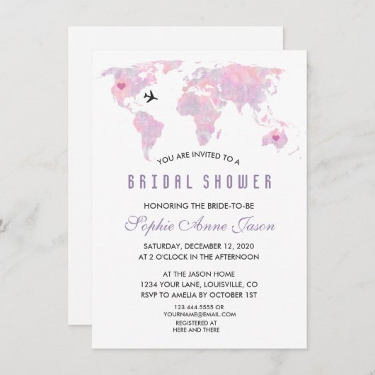 Benutzerdefiniertes World Map-Brautparty Einladung (Vorne/Hinten)