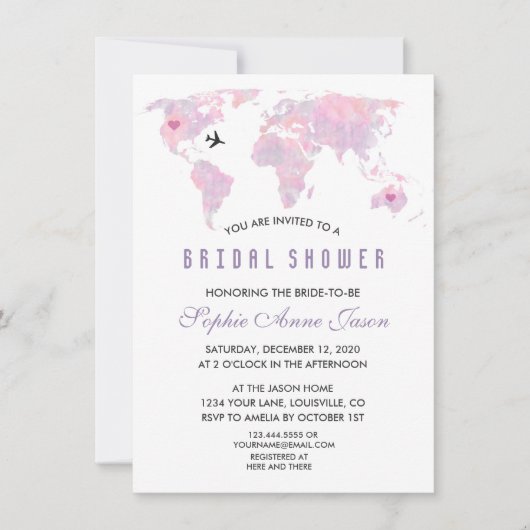 Benutzerdefiniertes World Map-Brautparty Einladung (Vorderseite)