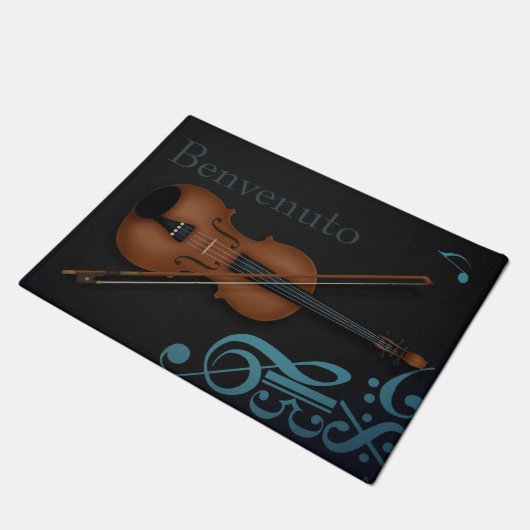 "Benvenuto" Violin & Bow Elegantes Schwarz & Türki Fußmatte (Schrägansicht)