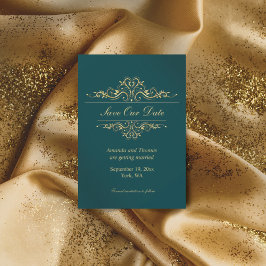 Benzingrün, goldfarbener Rahmen Save the Date Kart