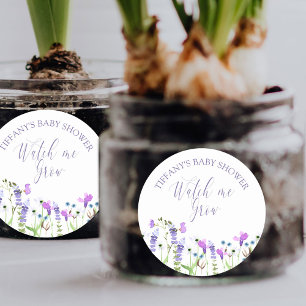Beobachte mich wachsen, lila Wildblumen-Baby-Party Runder Aufkleber