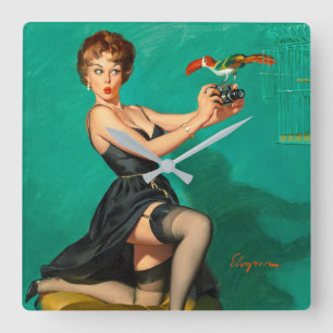 Beobachte, wie der Vogel Pin Up Quadratische Wanduhr