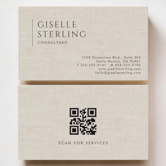 Berater Luxus Neutraler Leinen QR Code Visitenkarte