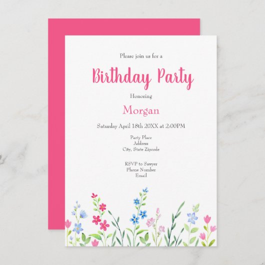 Bereich der gemischten Aquarellfarben-Wildblumen Einladung (Vorne/Hinten)