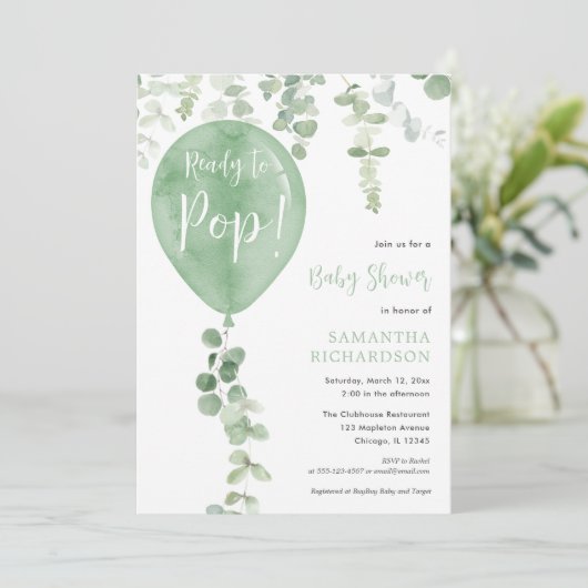 Bereit für den Pop moderne grüne Ballon Babydusche Einladung (Stehend Vorderseite)